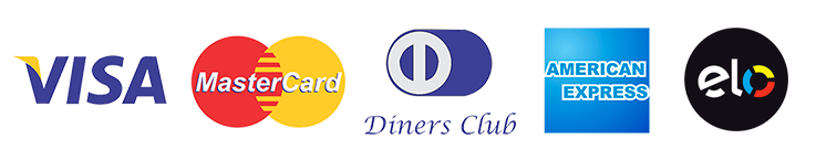Bandeiras de cartão aceitas: Visa, Mastercard, Diners Club, American Express e Elo