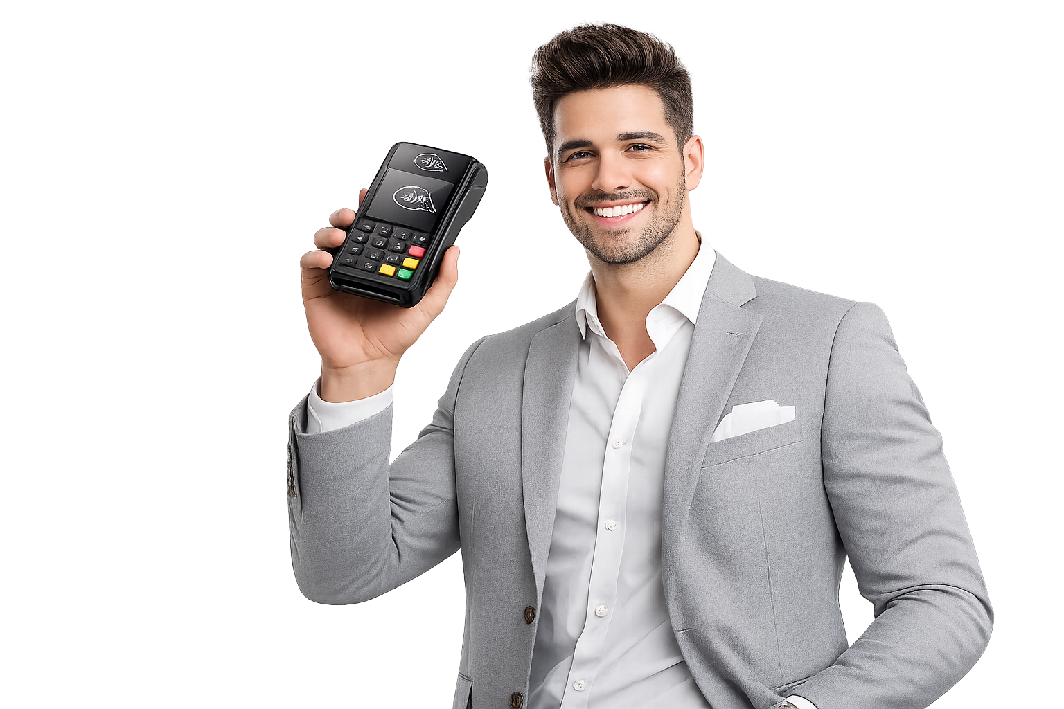 Consultor sorrindo apresentando uma maquininha de cartão